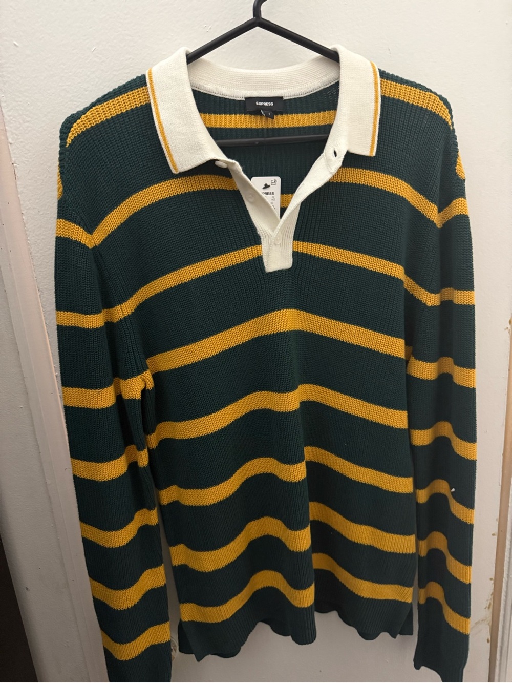 Dark Green & Yellow Striped V-Neck Rugby Sweater with Cream Collar